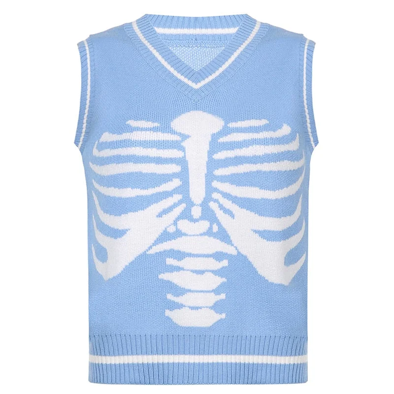 Darlingaga Gothic Skull Print Sweaters Fashion Autumn Winter Women Pullover V Neck Knitted Sweater Vest Vintage Jumpers Tops