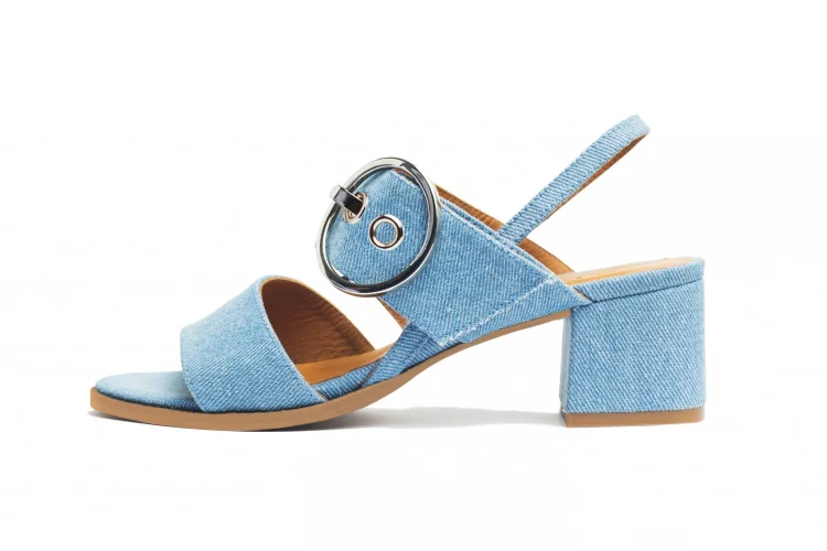 Light Blue Denim Open Toe Block Heel Slingback Sandals |FSJ Shoes