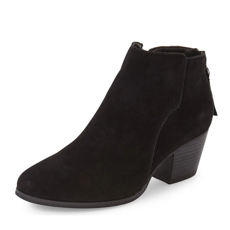 Black Chunky Heel Boots Vegan Suede Boots Round Toe Ankle Boots |FSJ Shoes