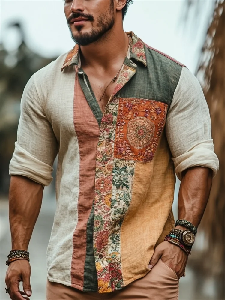 Utbros Men's Boho Contrast Patchwork Linen Shirt