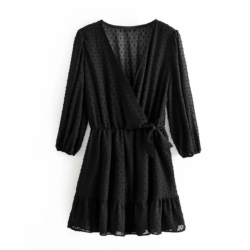 2020 Summer Women Ruffles Lace Chiffon Dress Boho Mini Beach Dress Three Quarter Sleeve Ladies Party Dresses Vestido