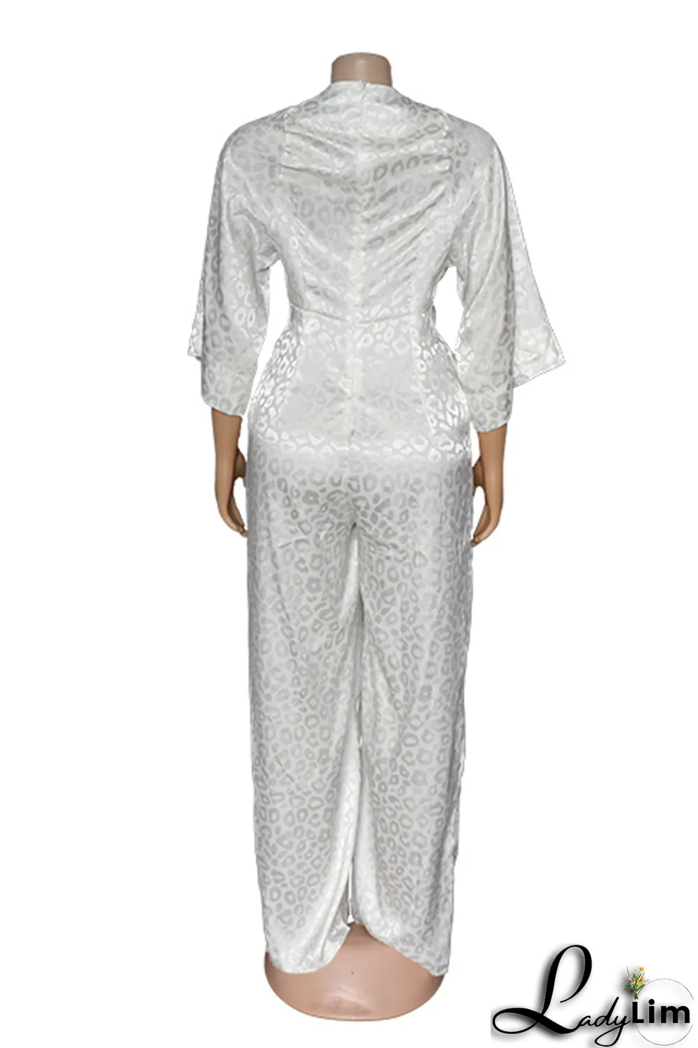White Casual Print Split Joint V Neck Straight Jumpsuits