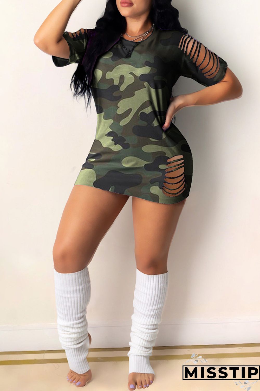 Green Sexy Casual Camouflage Print Ripped Hollowed Out O Neck Short Sleeve Dress