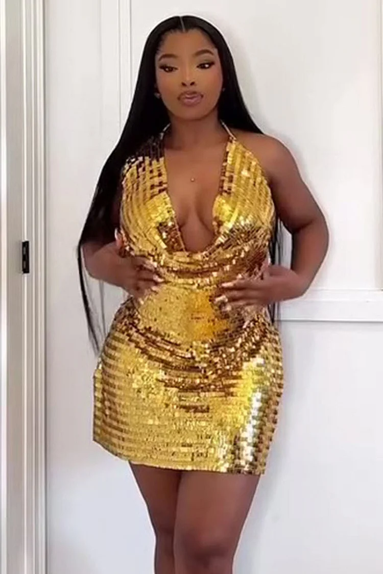 Sequin Allover Plunging Halter Slim-Fit Party Mini Dresses-Gold [Pre Order]