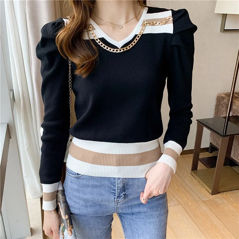 huibahe Slim Knitted Sweater Pullover Women Autumn Winter Full Sleeve V-neck Chain Patchwork Tops Elegant Fashion Ladies Jumpers