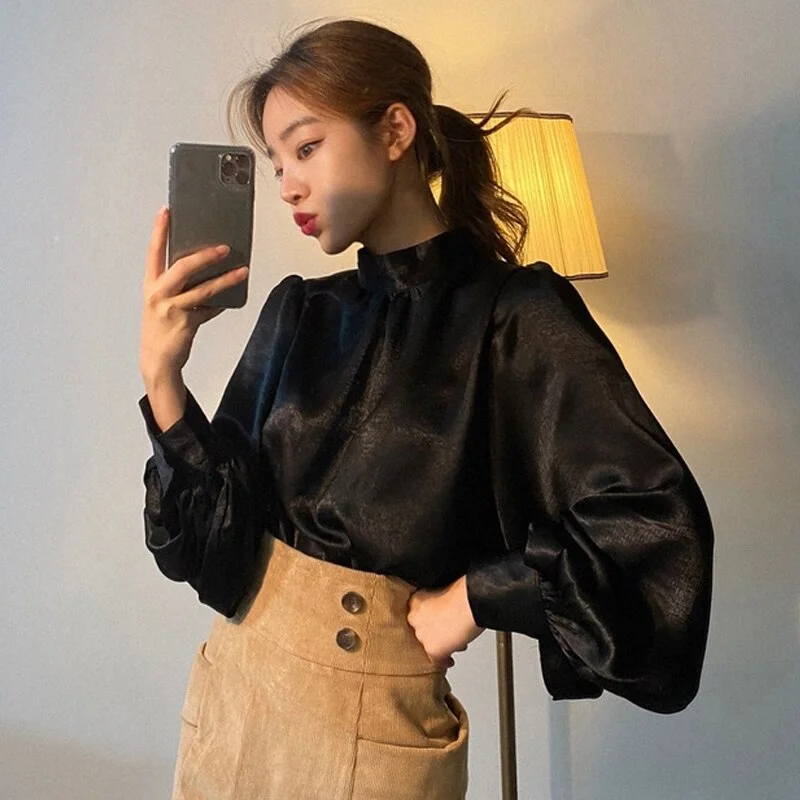 New Korean Fashion Smooth Blouse Women Spring Slim Office Lady Elegant Tops Lantern Sleeve Solid Stand Collar Shirt Blusas 12944