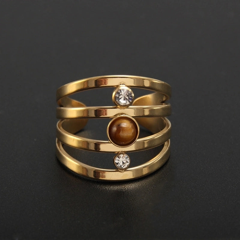 304 Stainless Steel 18K Gold Plated Baroque Style Plating Inlay Solid Color Natural Stone Open Rings