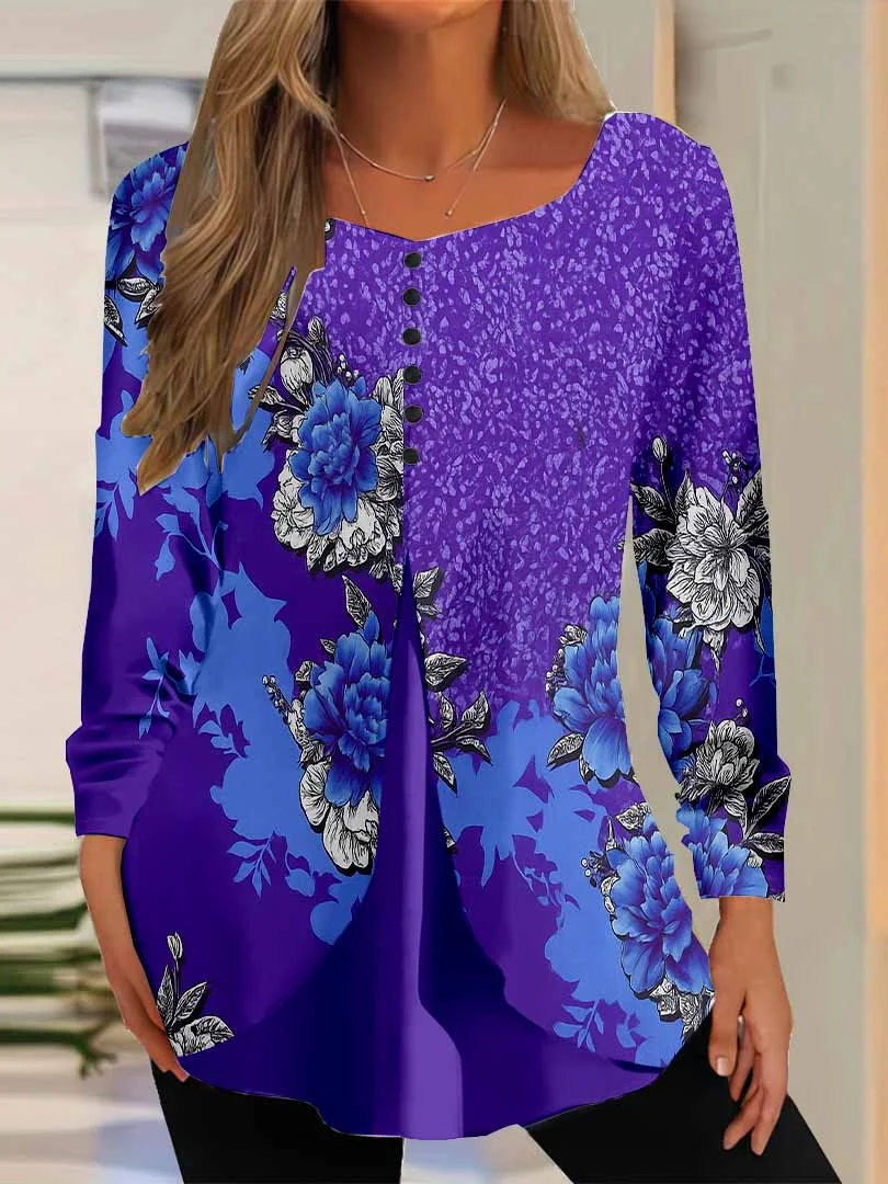 Women Floral,Purple DZGG8305 Long Sleeve Scoop Neck Printed Graphic Button Fake 2in1 Tops