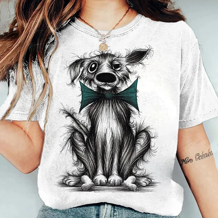 VChics Women's Messy Bow Choker Fluffy Dog Graphic Print T-Shirt