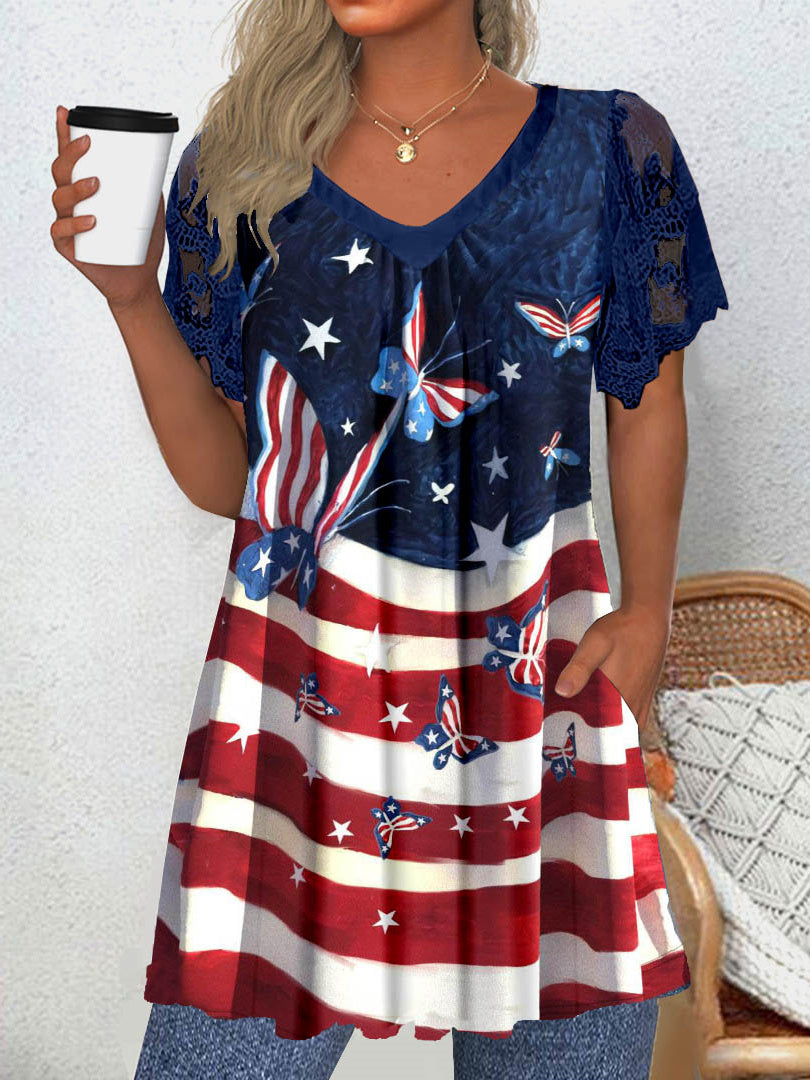 Women's Short Sleeve V-neck Graphic Lace Pockets Tops