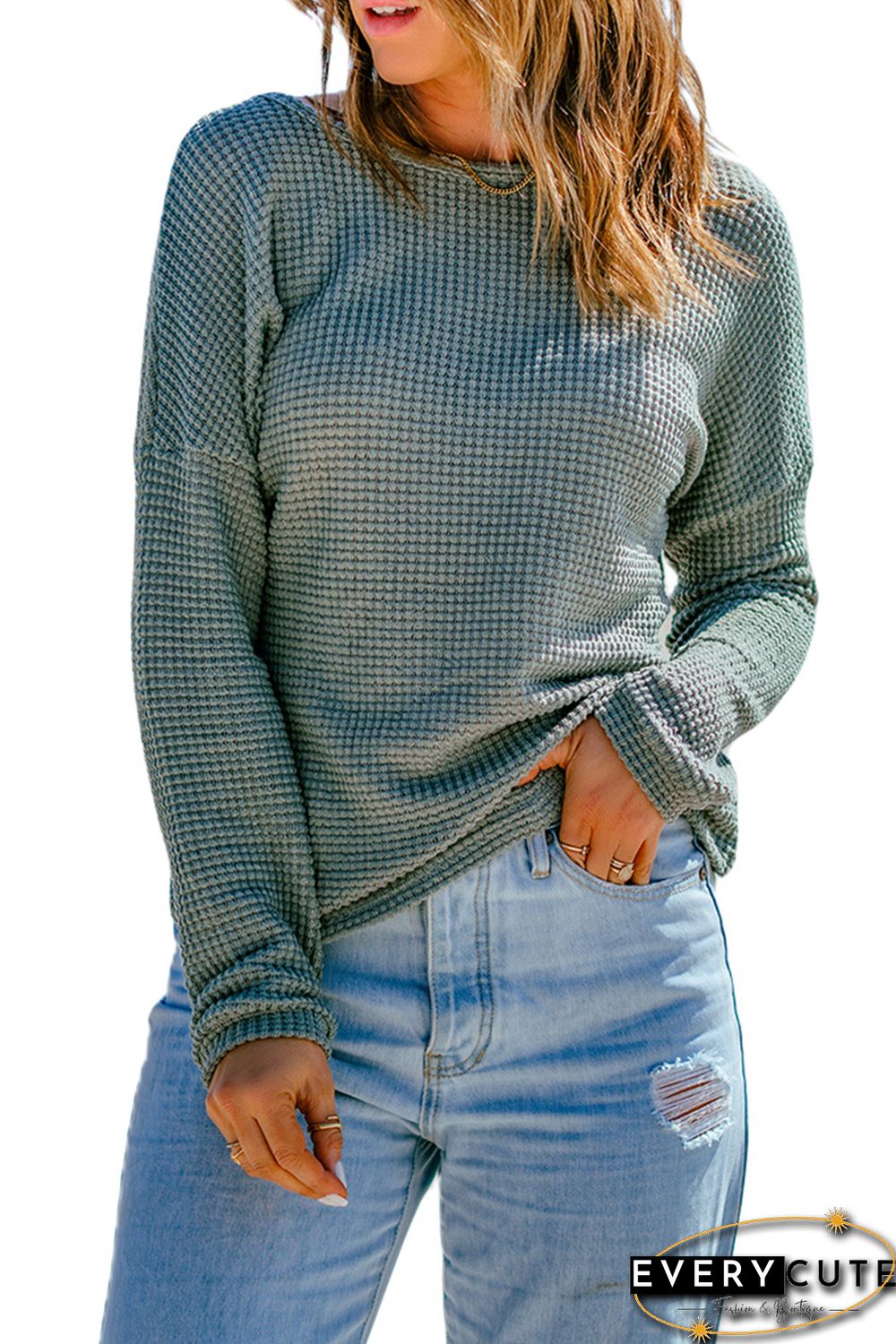 Green Waffle Knit Drop Shoulder Long Sleeve Top