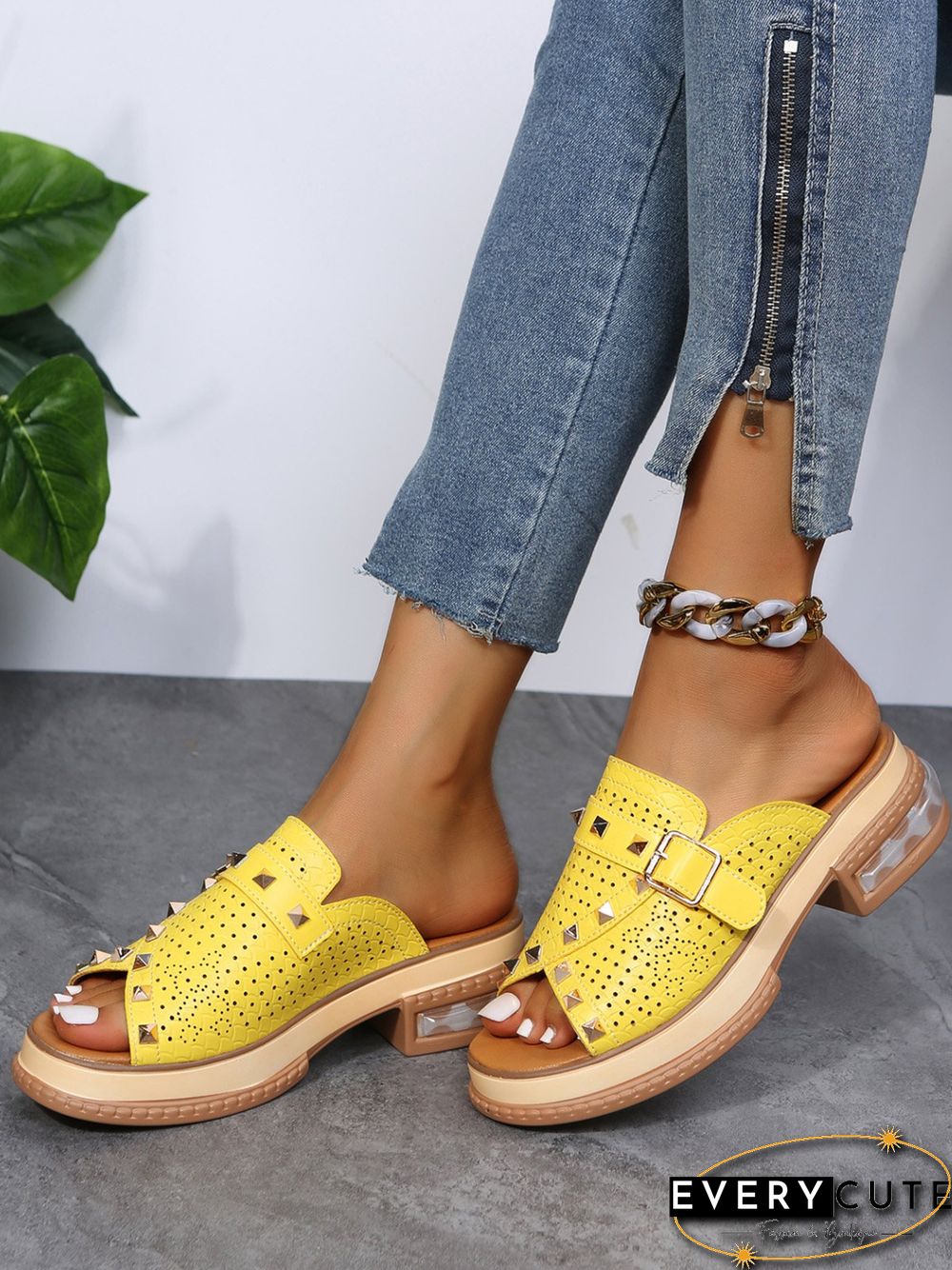 Urban Studded Snake Print Chunky Heel Slippers