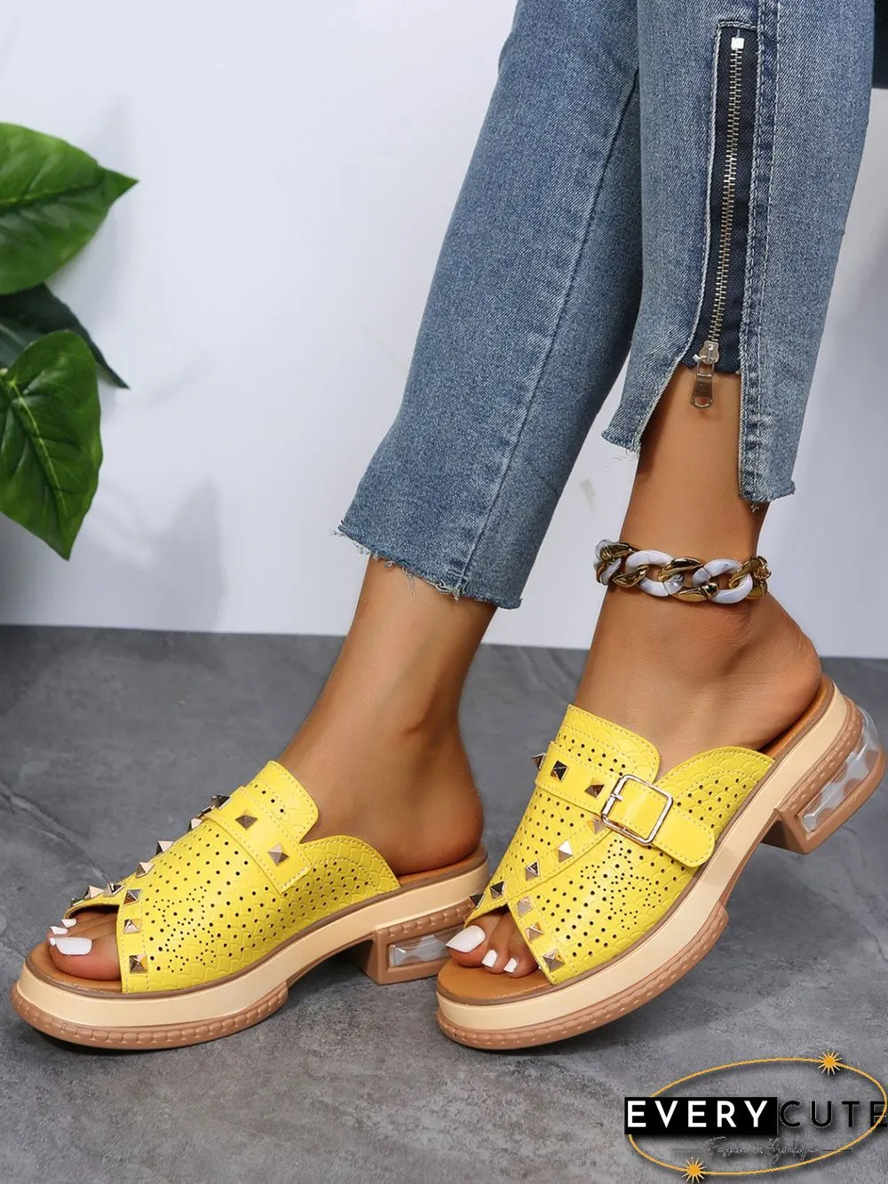 Urban Studded Snake Print Chunky Heel Slippers