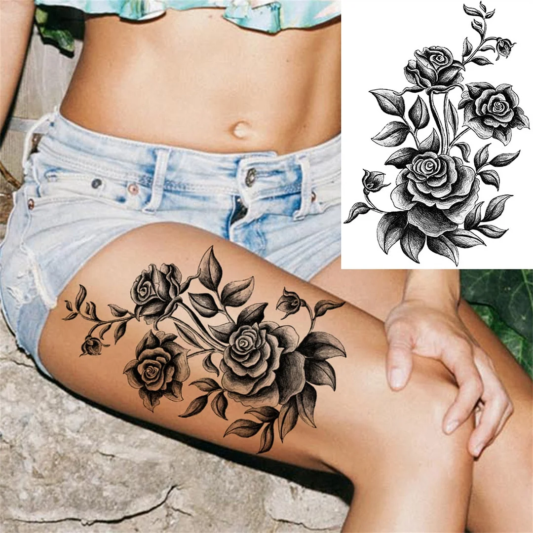 Large 3D Rose Flower Temporary Tattoos For Women Men Adults Death Skull Tattoo Sticker Peony Dahlia Black Fake Tatoos Forearm