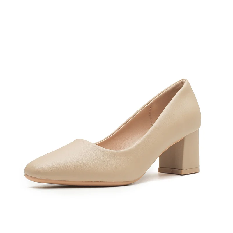 Brownm Brownm Bare-Colored High-Heeled Women's French Temperament Spring Small Square Head Coarse Working Shoes With Skirt Soft Leather Single Shoes