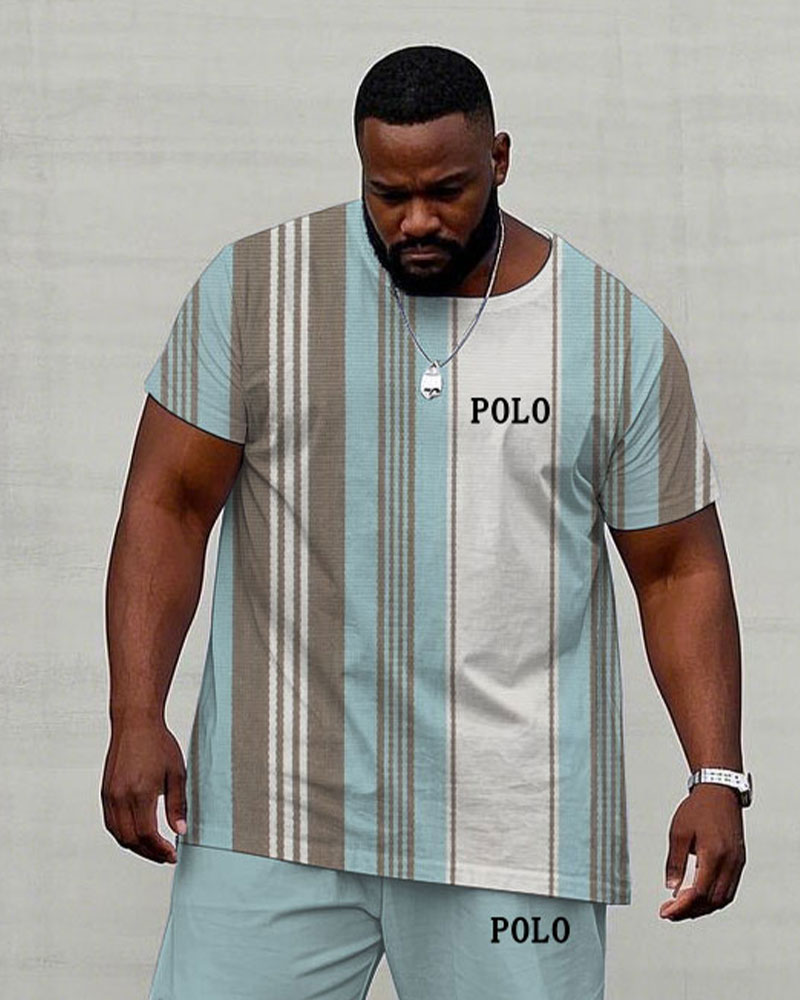 Men's Plus Size Summer Breathable Blue Stripe Small Label Printed Short-sleeved T-shirt Trousers Suit