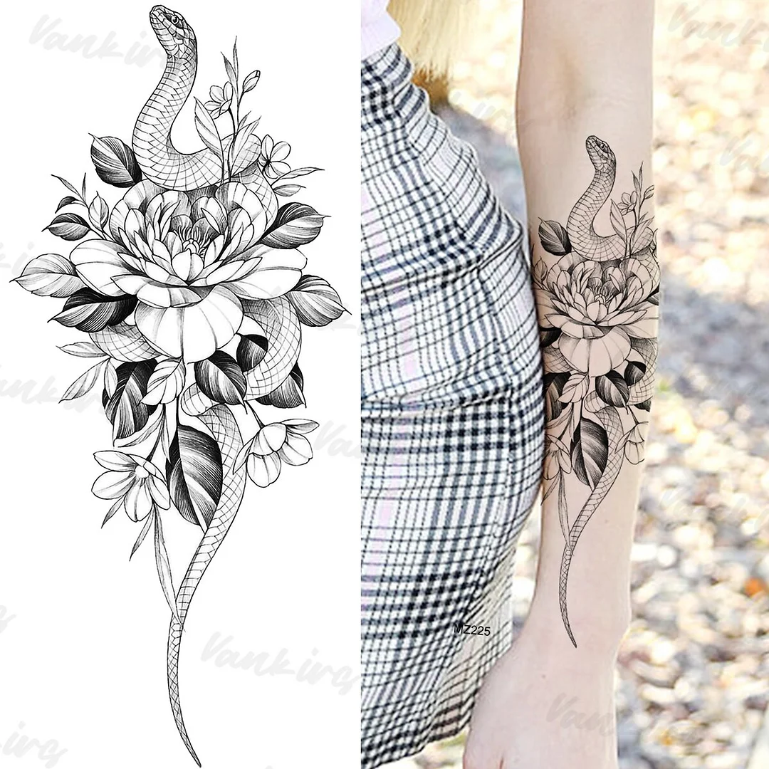 Sdrawing Peony Butterfly Temporary Butterfly Tattoos For Women Girls Realistic Snake Sun Fake Tattoo Sticker Leg Body Tatoos
