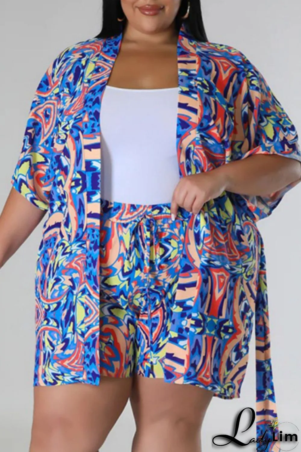 Blue Casual Print Cardigan V Neck Plus Size Two Pieces
