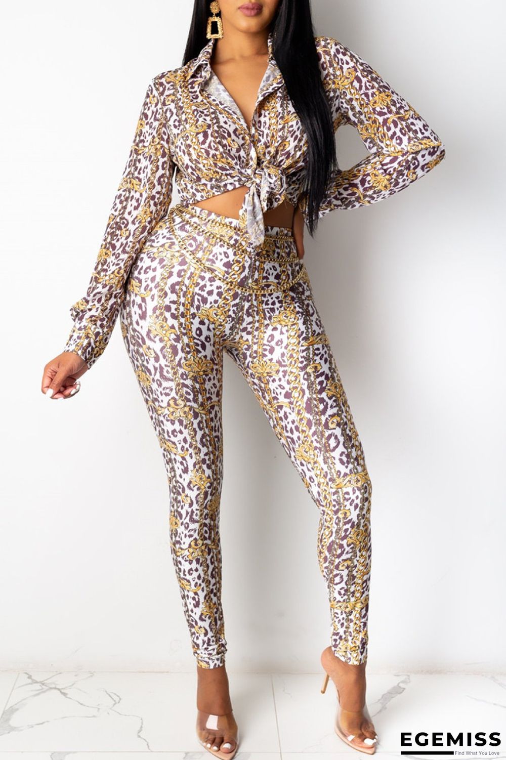 White Fashion Casual Print Without Belt Turndown Collar Long Sleeve Two Pieces | EGEMISS