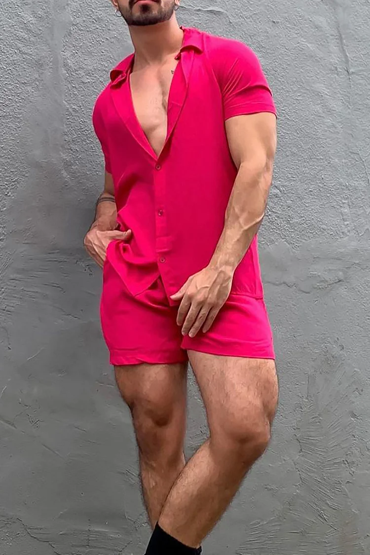 Men's Shirt Shorts Rose Red Two Piece Set