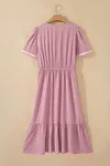 Women's Pink Elegant Plus Size Short Sleeve Smocked High Waist Flowy Midi Dress