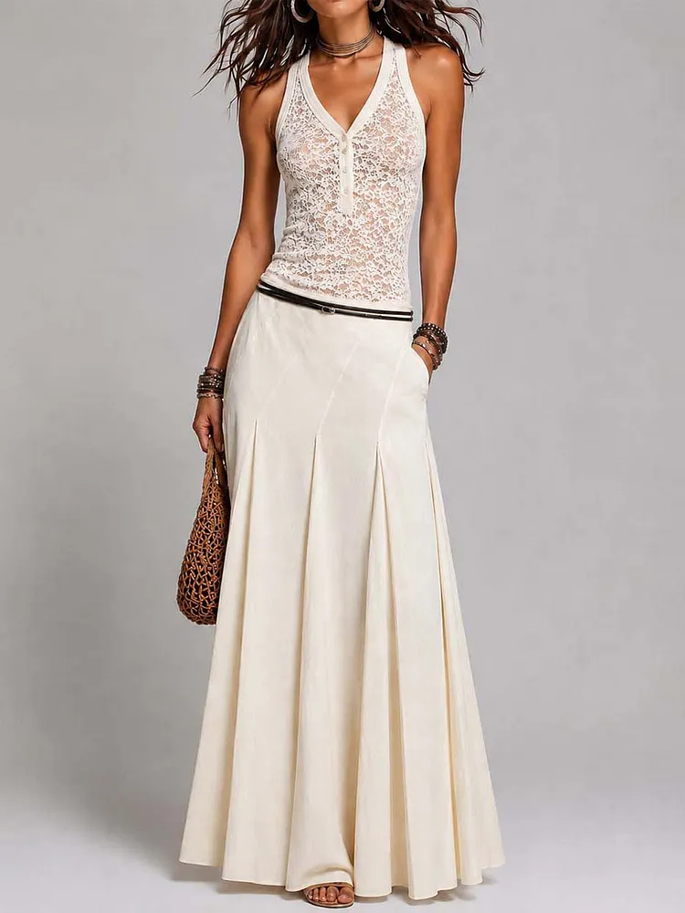 Vintage Neck Lace Tank Top & Pleated Maxi Skirt Two Piece Set