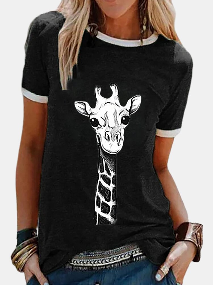 Giraffe Printed Short Sleeve O neck T shirt For Women P1704815