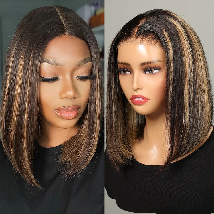 6x5 Pre-Cut Lace Glueless #30 Highlight Colored Bob Style Straight Highlight Colored Human Hair Wig