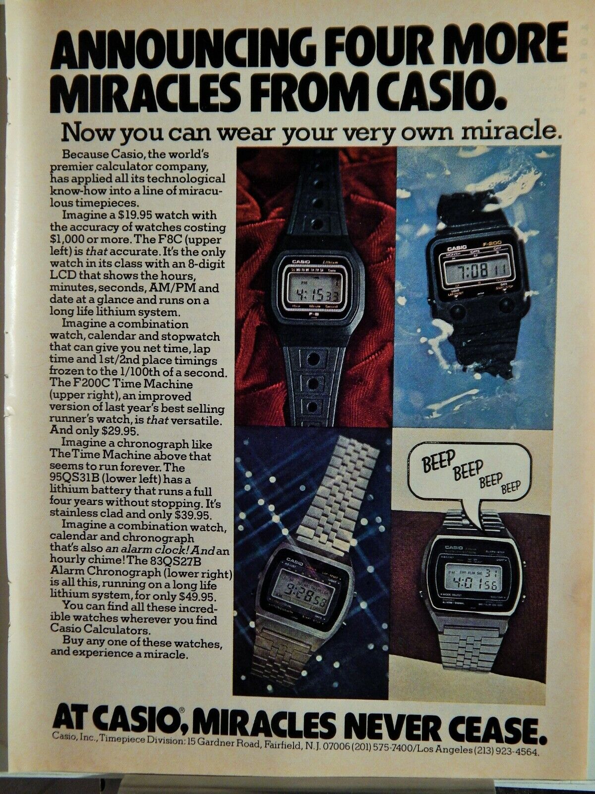 CASIO F8C, F200C, 95QS31B, 83QS27B DIGITAL WATCHES ORIGINAL VTG 1979 Photo Poster painting AD,