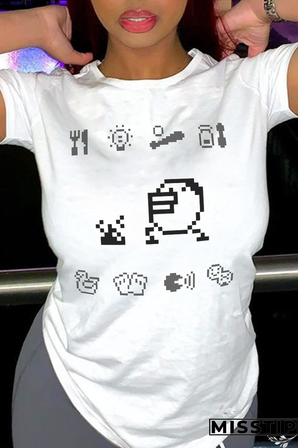 White Casual Street Print Patchwork O Neck T-Shirts
