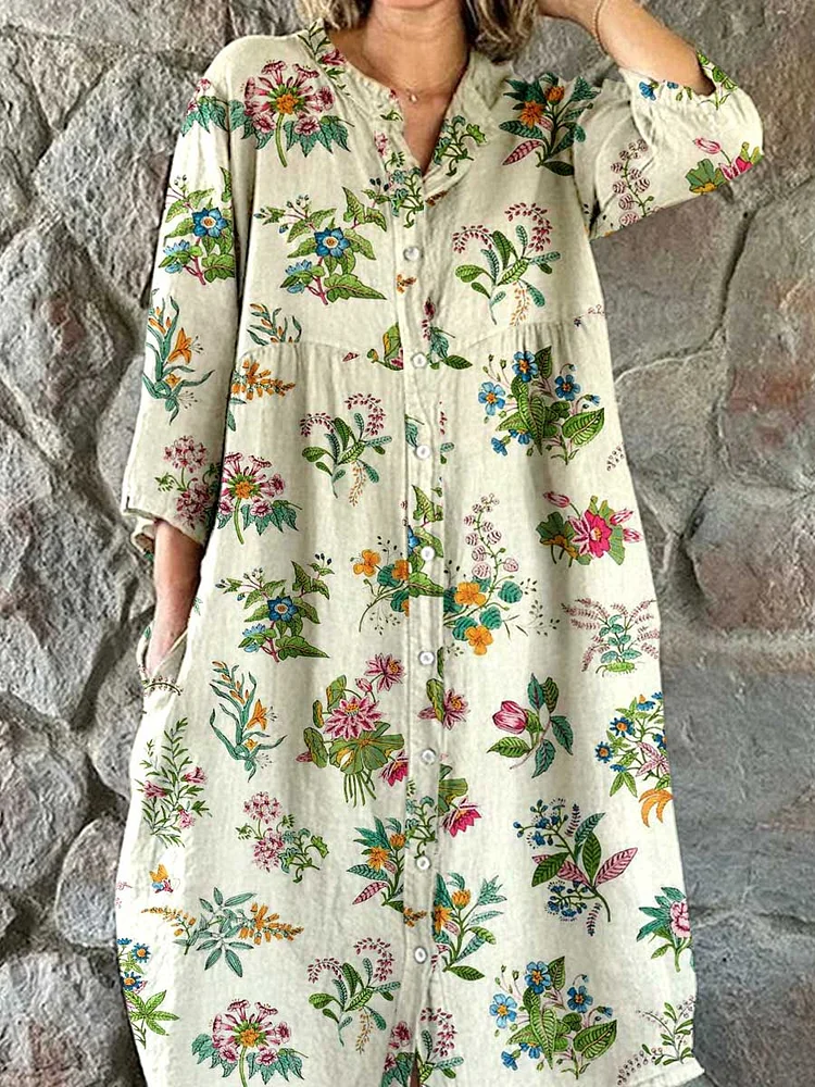 Womens Resort Floral  Pattern Cotton Shirt Dress