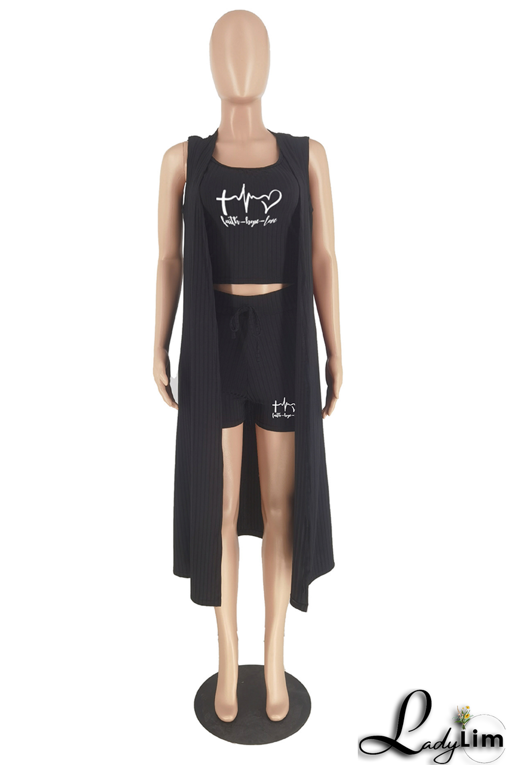 Pink Fashion Print Patchwork Cardigan Collar Sleeveless Three Pieces