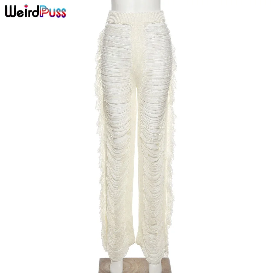Weird Puss Ripped Side Tassel Straight Pants Women Sexy Gradient Trend Loose Party Hipster Skinny Street High Waist Trousers