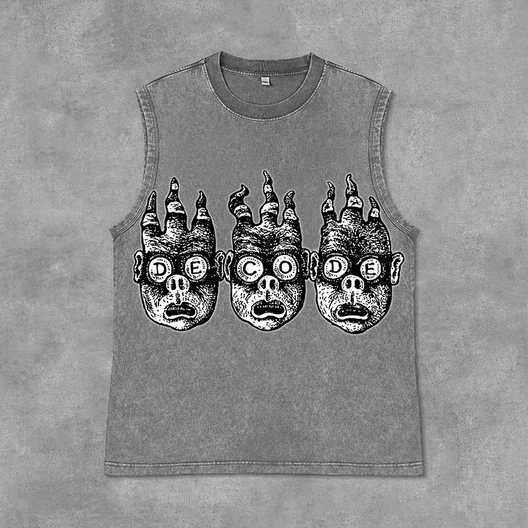 Funny Cartoon Avatar Graphics Print Vintage Acid Washed Sleeveless Tank Top SOPULA