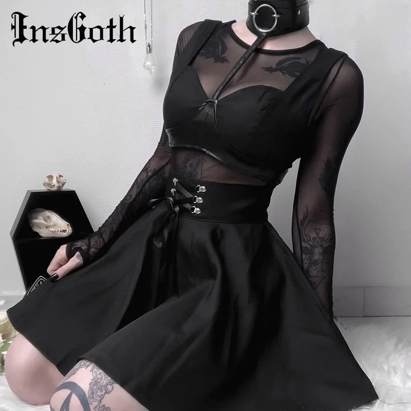 InsGoth High Waist Pleated Mini Skirts Women Gothic Punk Black Lace Up Skirt Casual Streetwear Solid Feminina A-line Party Skirt