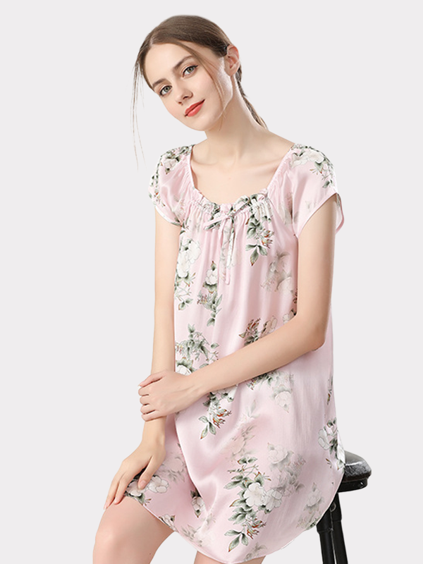 Floral Print Women's Silk Nightgown With Short Sleeves 