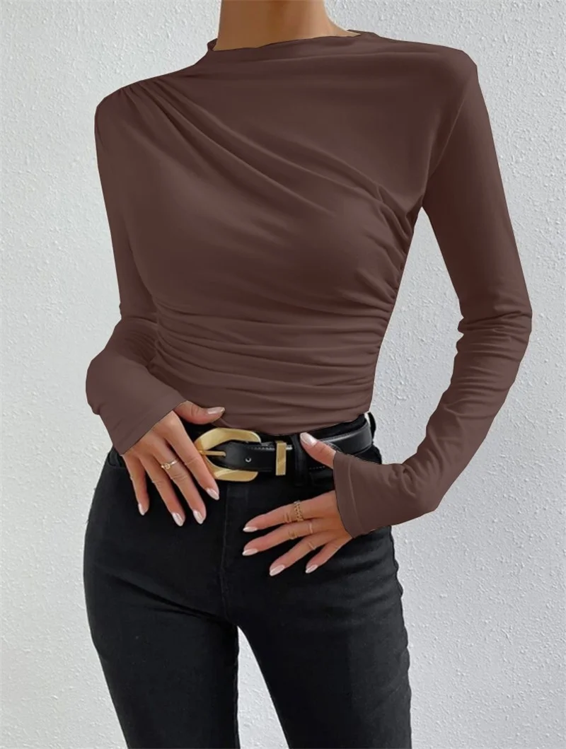 Uveng Uveng Solid Color Trim Bottom Shirt Folding Design Long-Sleeved T-Shirt Lady Top