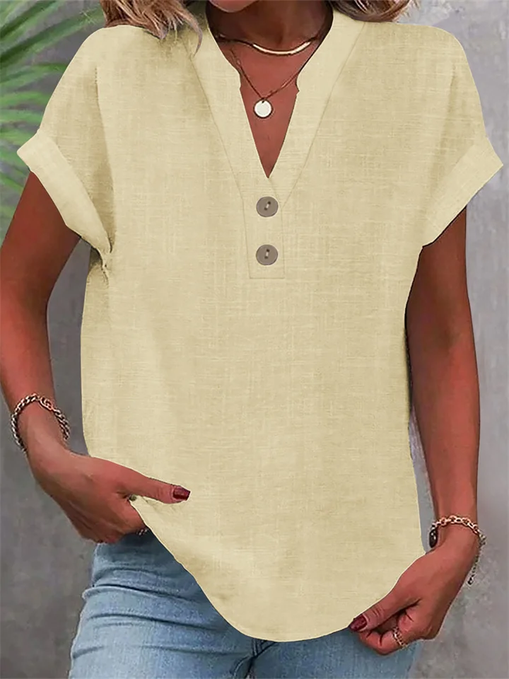 Summer Solid-Color Stand-Up Collar Button-Down Short-Sleeve Women's Shirt-JRSEE