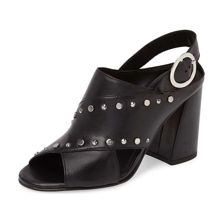 Black Studs Shoes Slingback Chunky Heel Sandals by FSJ |FSJ Shoes