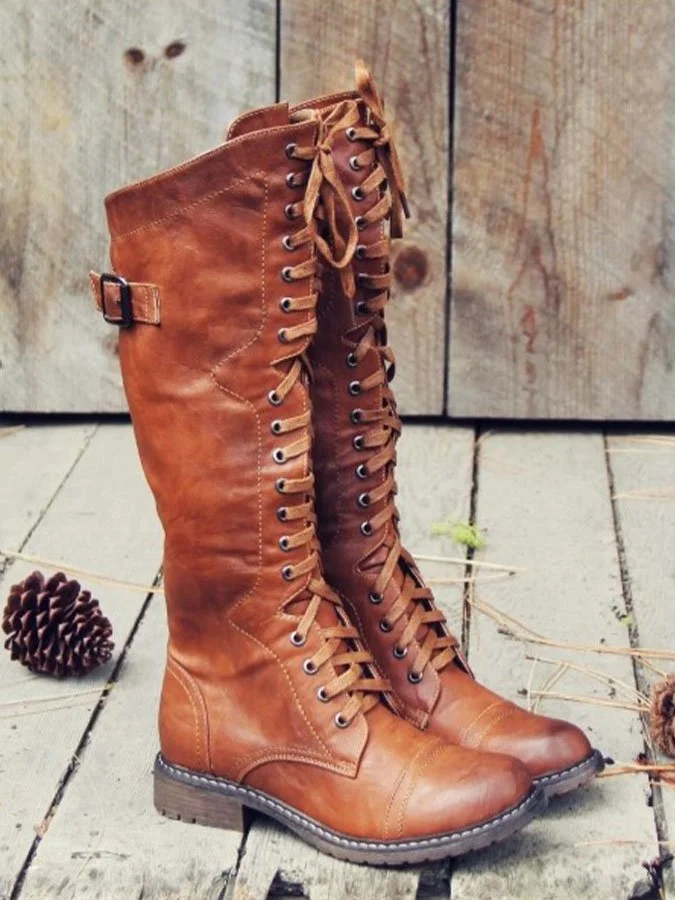 Vintage Solid Fork Lace-Up Rider Boots