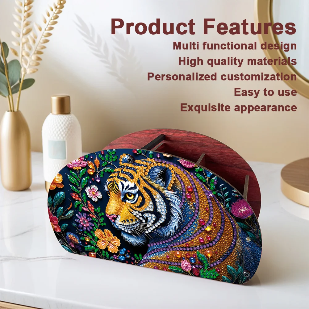 DIY Gem Tiger Design Wooden Diamond Painting Makeup Brush Storage Box Organizer