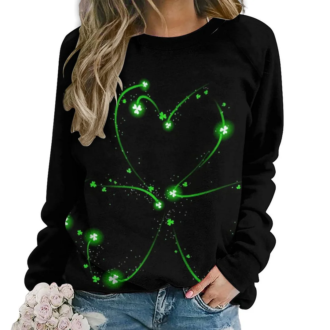 Printed Long Sleeve Casual Sweatshirt for  Women and Men Unisex Pattern St. Patrick's Day, Green, Clover, Lucky