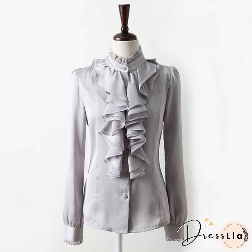 Womens Satin Silk-like Long Sleeve Office Slim Shirt Frill Drape Ruffle Trim Stand Collar Blouse Top