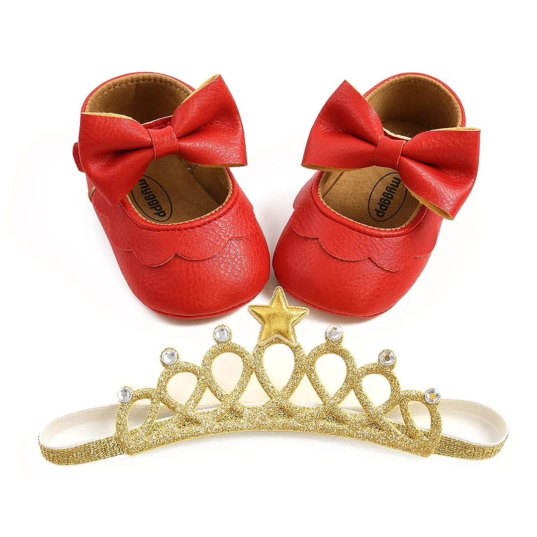 Baby Baptism Shoes and Headband Set, Cute Bowknot Hard Outsole Mary Jane Flats and Crown Hairband for Infant Girls