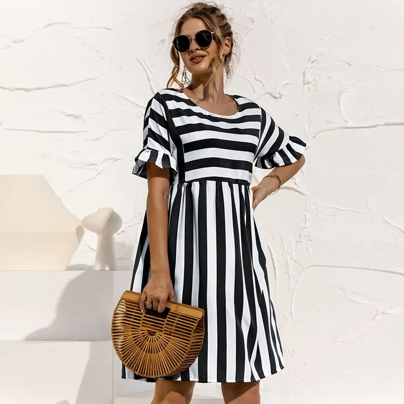 Women Summer Dress Fashion Striped Print Ruffles Sleeves Loose Dresses Elegant O Neck Plus Size Party Female Mini Dress Vestidos