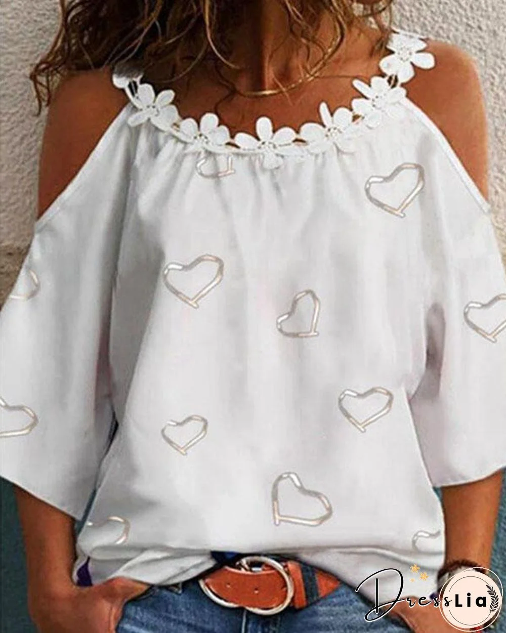 Cold Shoulder Flower Patchwork Print Half Sleeve Blouses