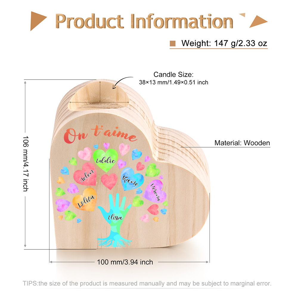 Bougeoir en Bois 6 Prénoms Personnalisés avec Texte sans bougie pour Famille