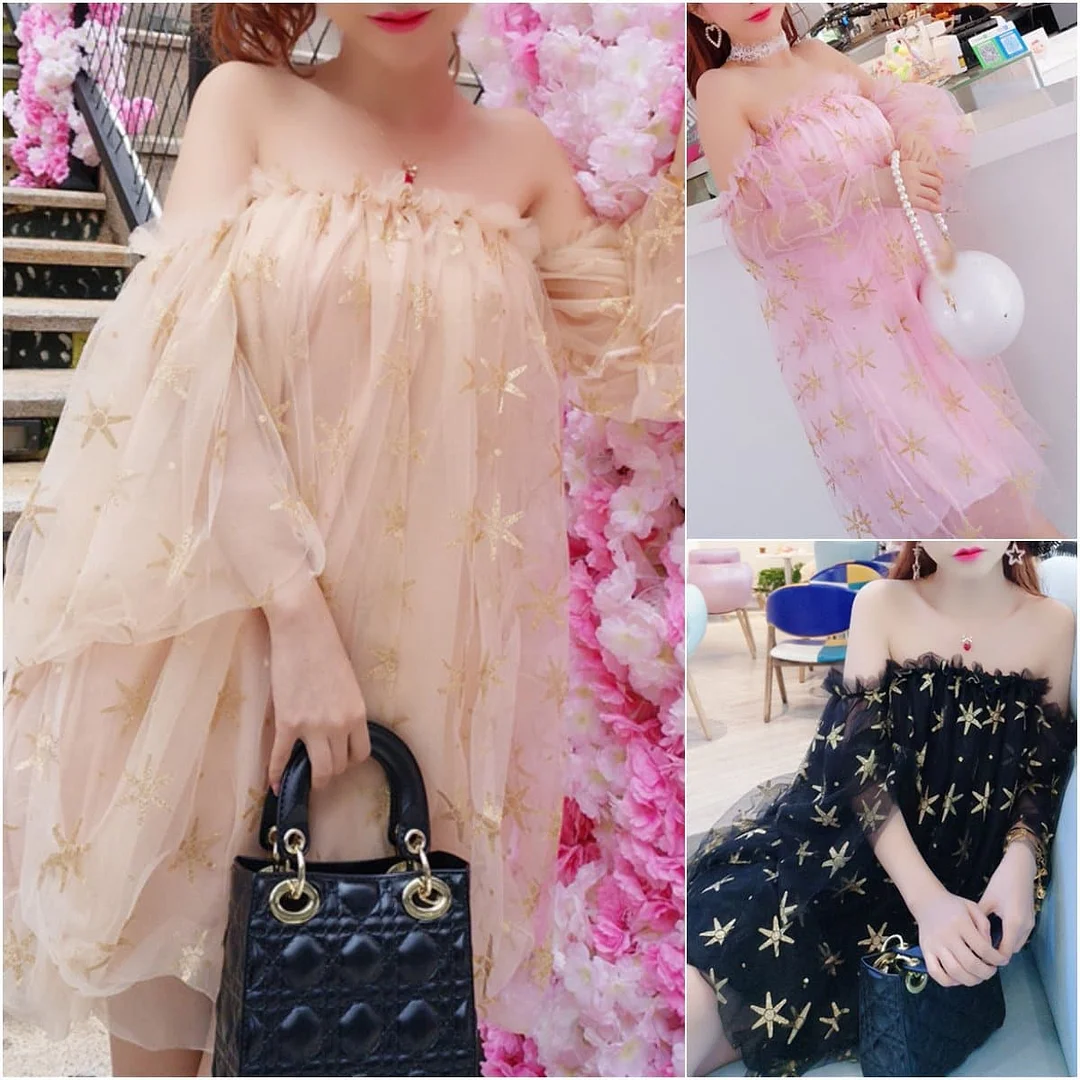 Black/Beige/Pink Sweet Off-Shoulder Dress SP1812334