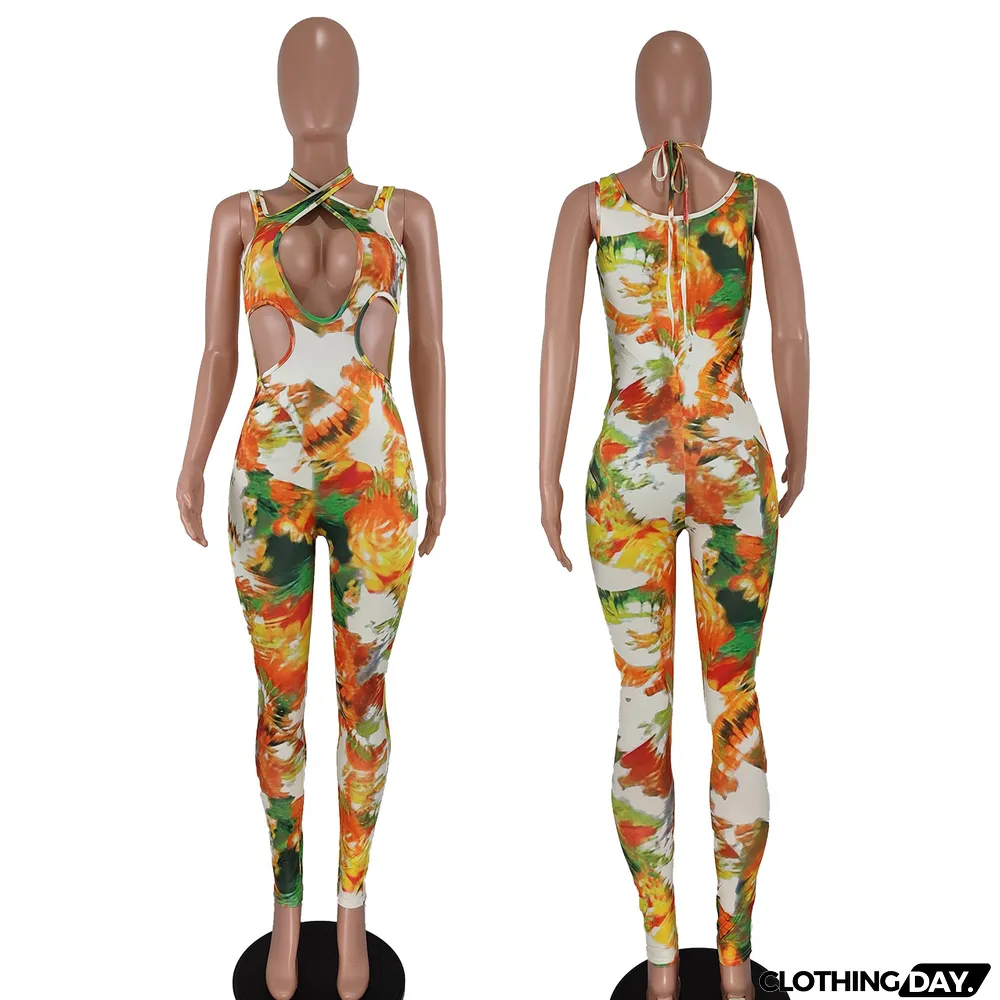 Women's Sleeveless Waist Cutout Fashion Print Tight Fitting Jumpsuit