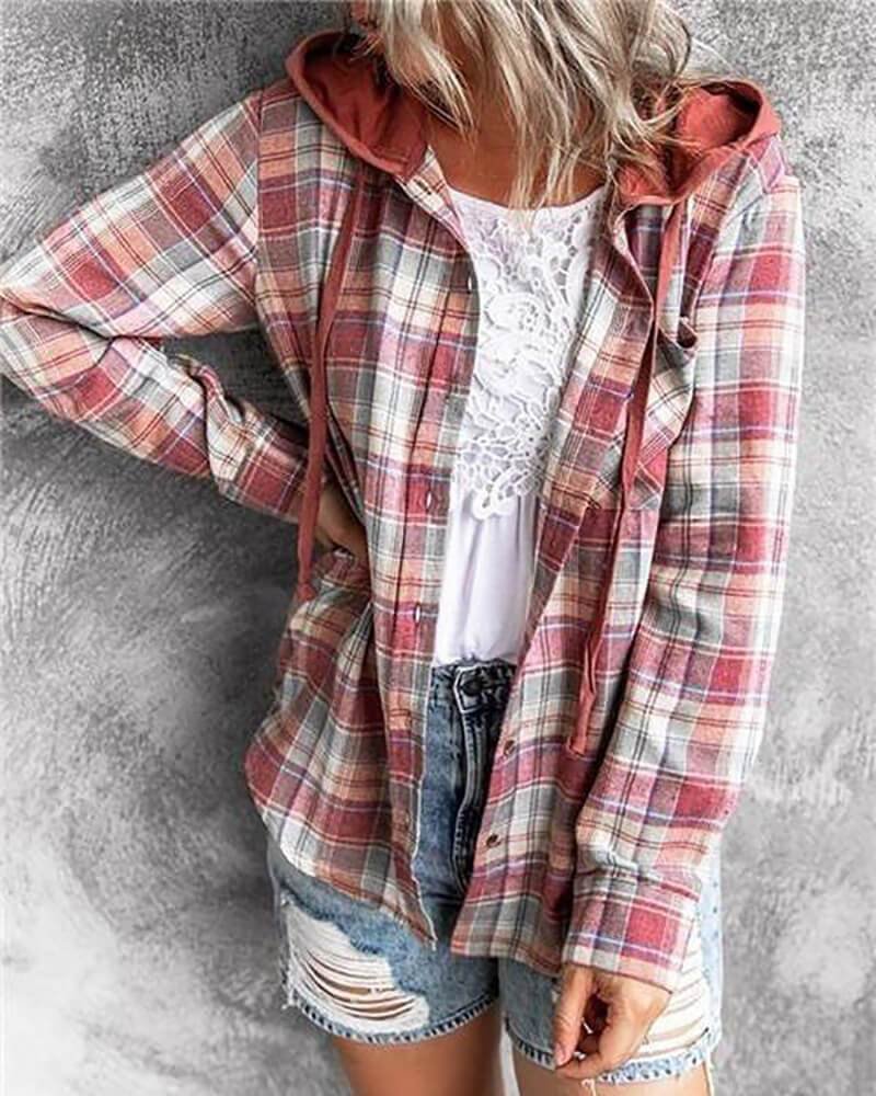 WoodyOrnament 90s Checkered Hoodie Button-Up Top